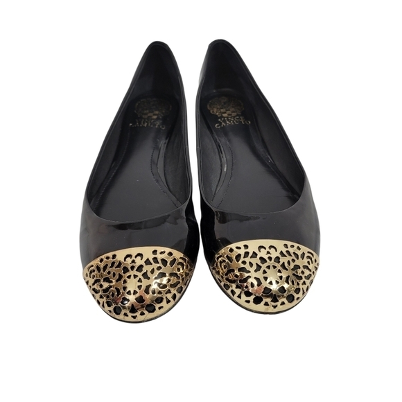 Vince Camuto "Oneda" Black Leather Gold Foiled Ballet Flats 7.5B - Picture 3 of 8
